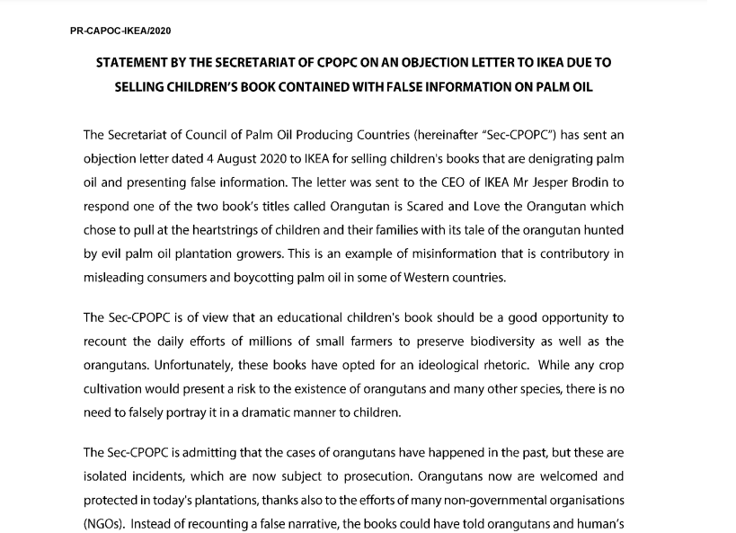 PRESS RELEASE: STATEMENT BY THE SECRETARIAT OF CPOPC ON AN OBJECTION LETTER TO IKEA DUE TO SELLING CHILDREN�S BOOK CONTAINED WITH FALSE INFORMATION ON PALM OIL